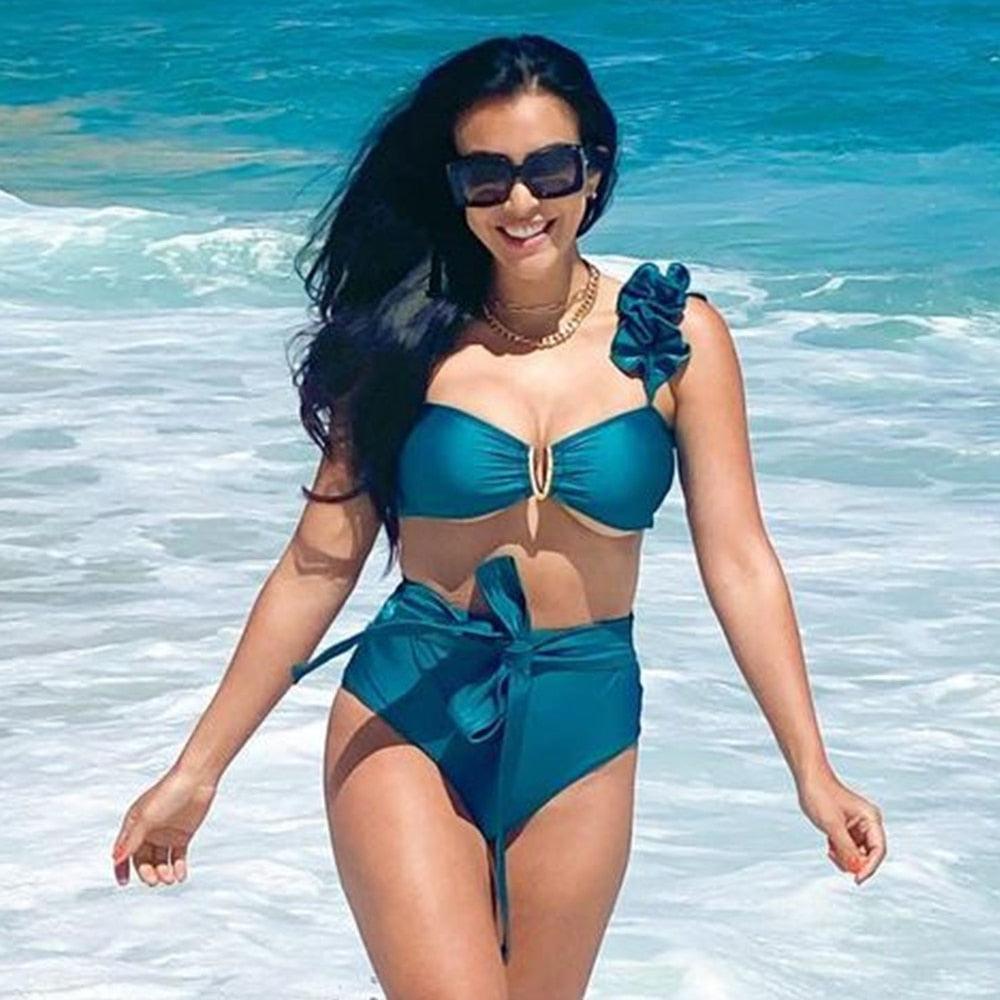 Ruffle Shoulder Floral High Waist Bikini