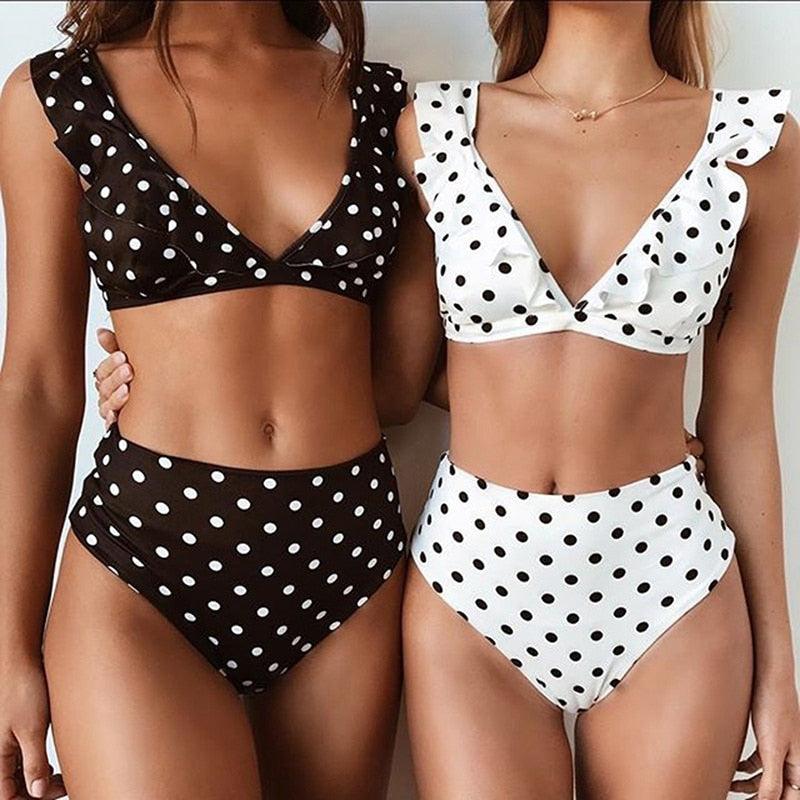 Polka Dot Ruffle Shoulder High Waist Bikini