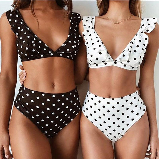Polka Dot Ruffle Shoulder High Waist Bikini
