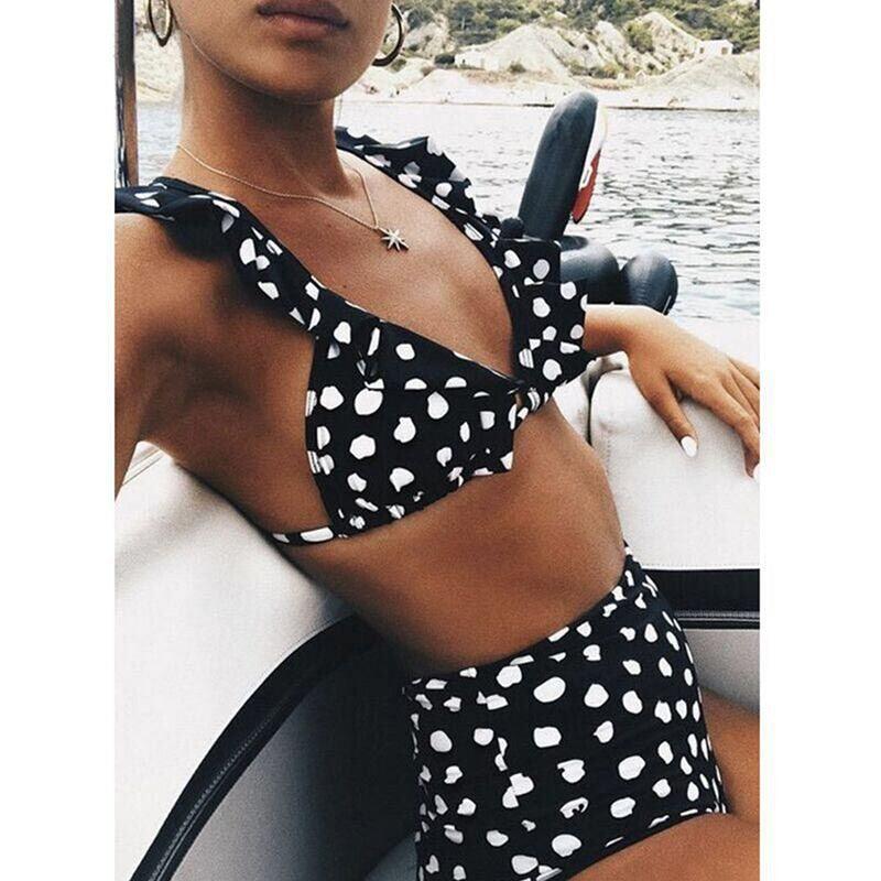 Polka Dot Ruffle Shoulder High Waist Bikini