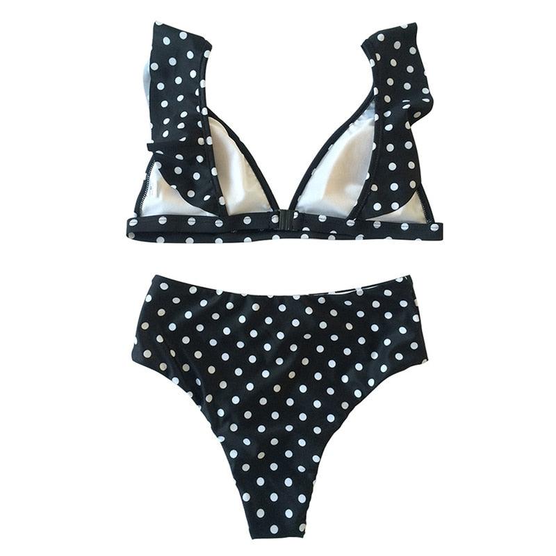 Polka Dot Ruffle Shoulder High Waist Bikini