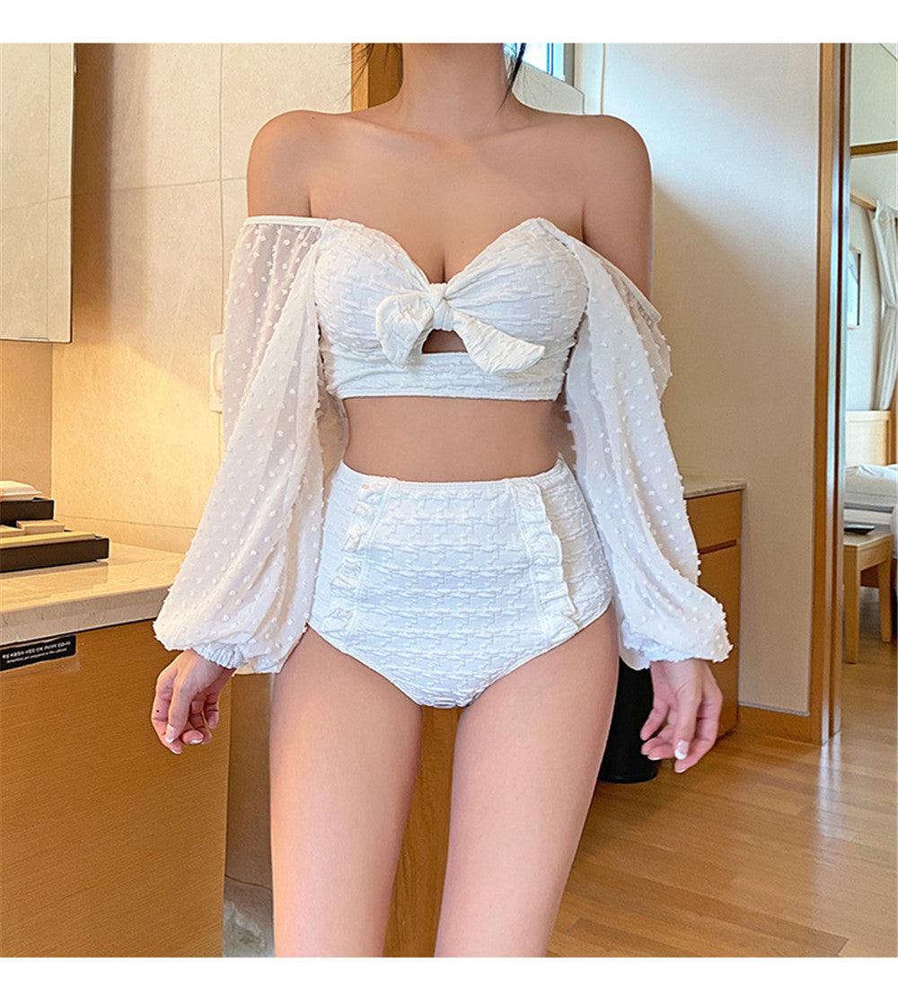 White Swiss Dot Puff Sleeve Bikini Set