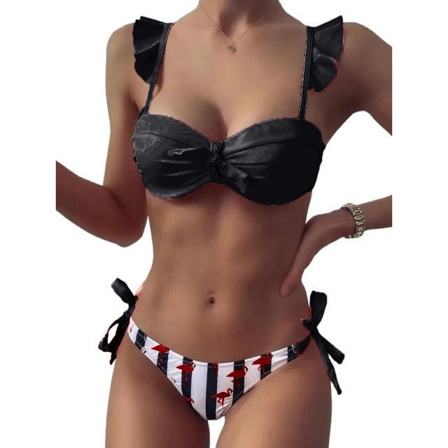 Bow Ruffle Sleeve Stripe Bikini Set