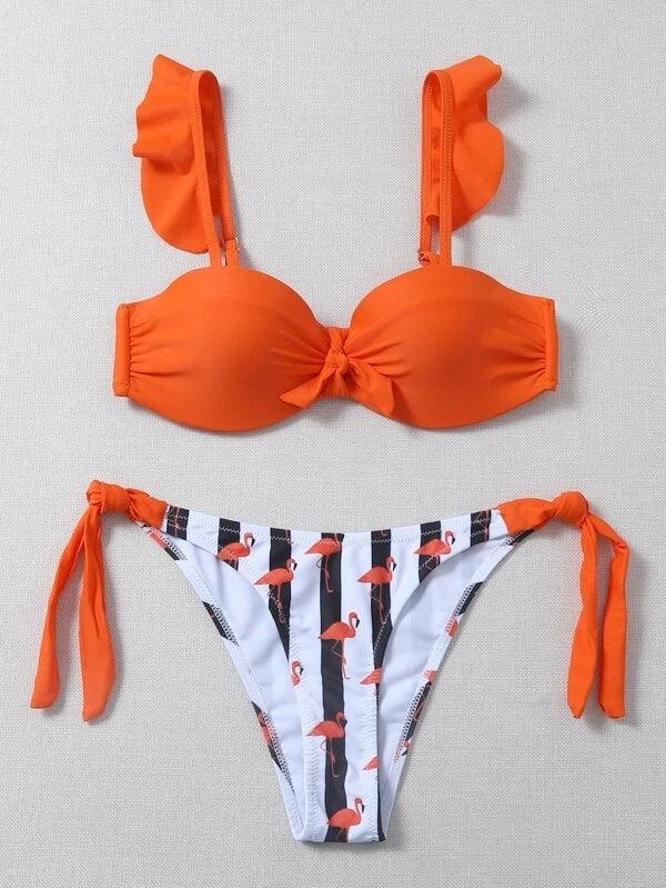 Bow Ruffle Sleeve Stripe Bikini Set