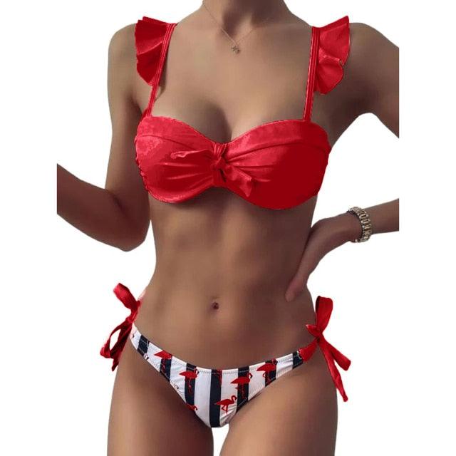 Bow Ruffle Sleeve Stripe Bikini Set