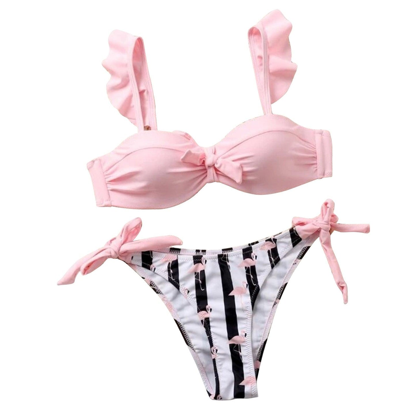 Bow Ruffle Sleeve Stripe Bikini Set