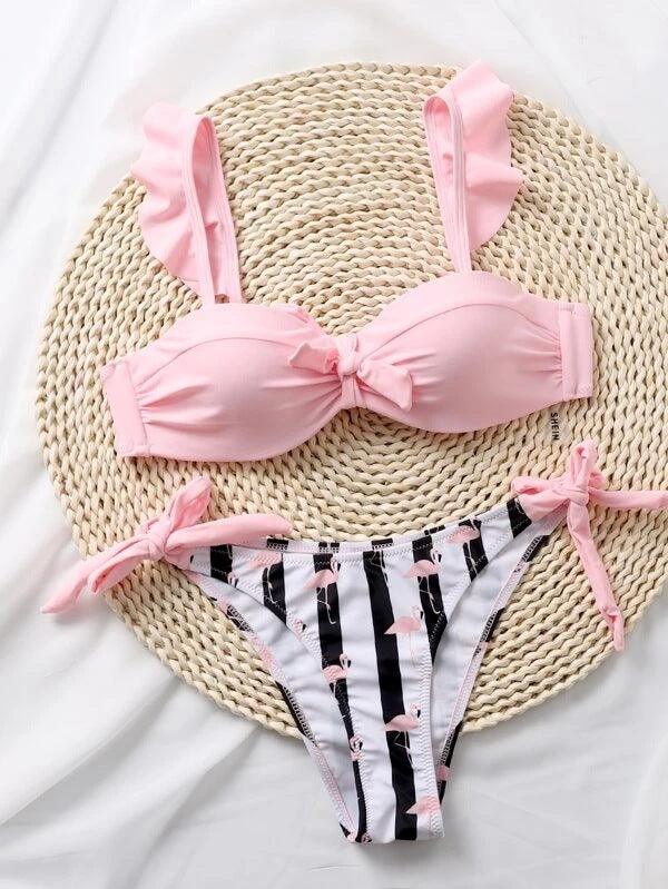 Bow Ruffle Sleeve Stripe Bikini Set