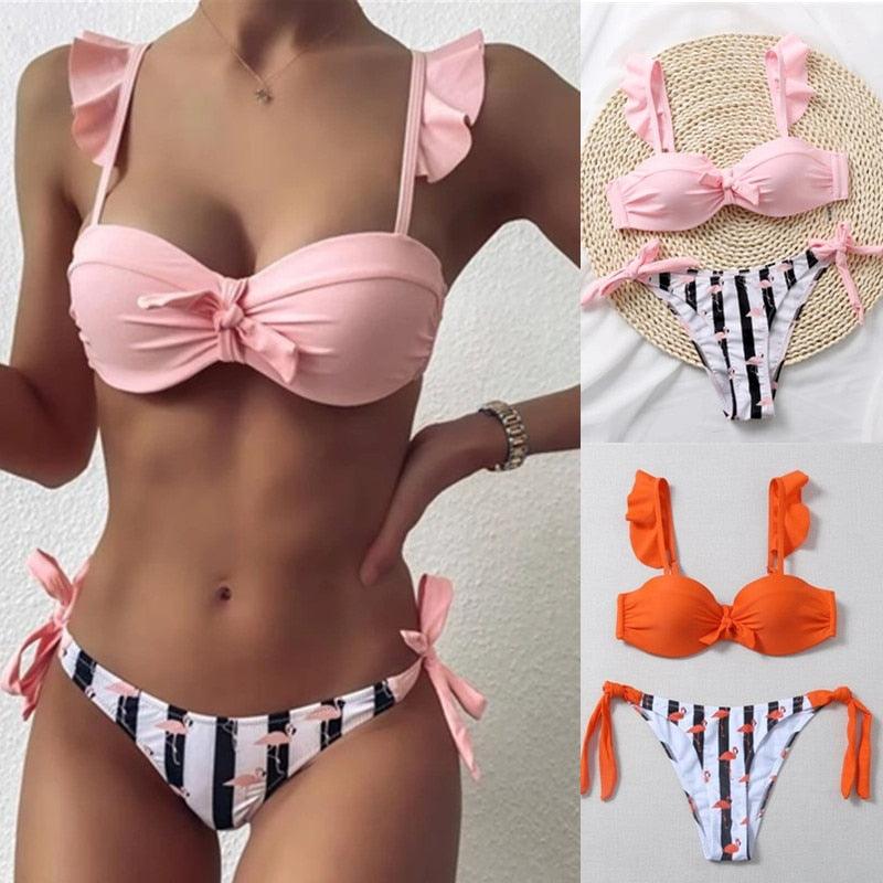 Bow Ruffle Sleeve Stripe Bikini Set