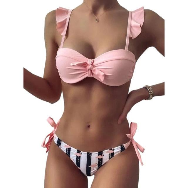 Bow Ruffle Sleeve Stripe Bikini Set