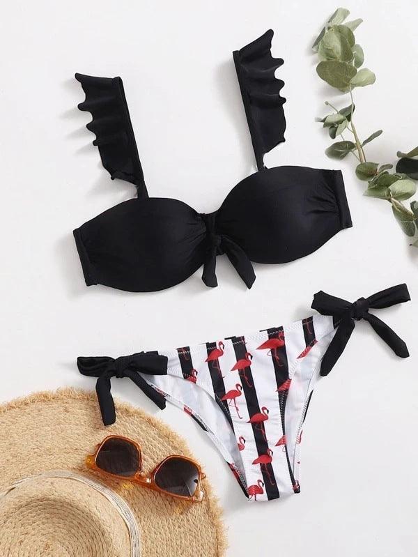 Bow Ruffle Sleeve Stripe Bikini Set