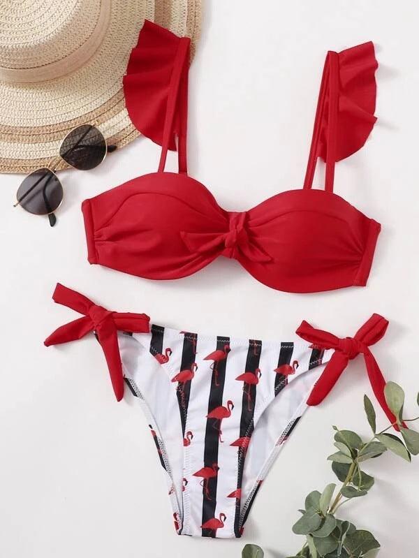 Bow Ruffle Sleeve Stripe Bikini Set
