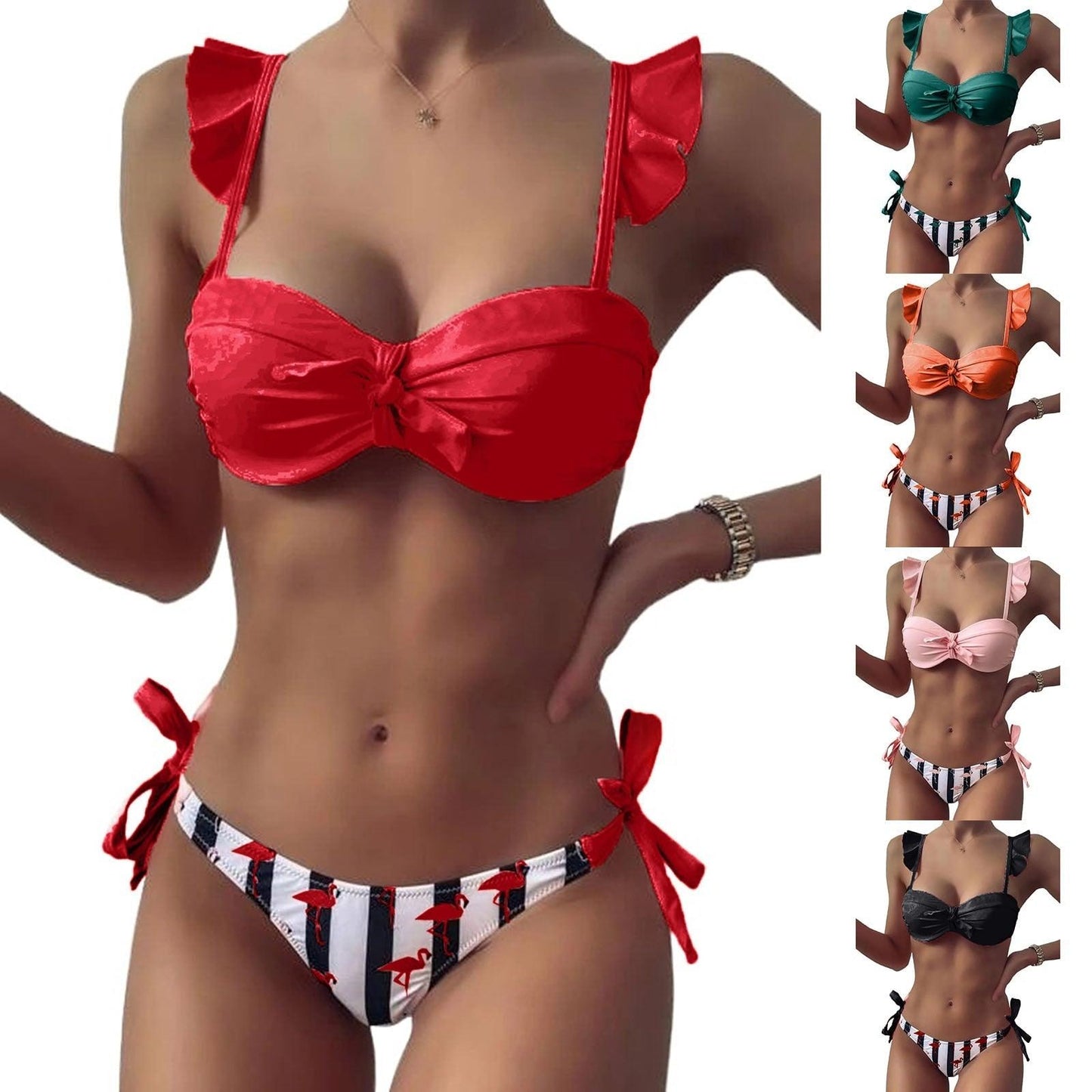 Bow Ruffle Sleeve Stripe Bikini Set