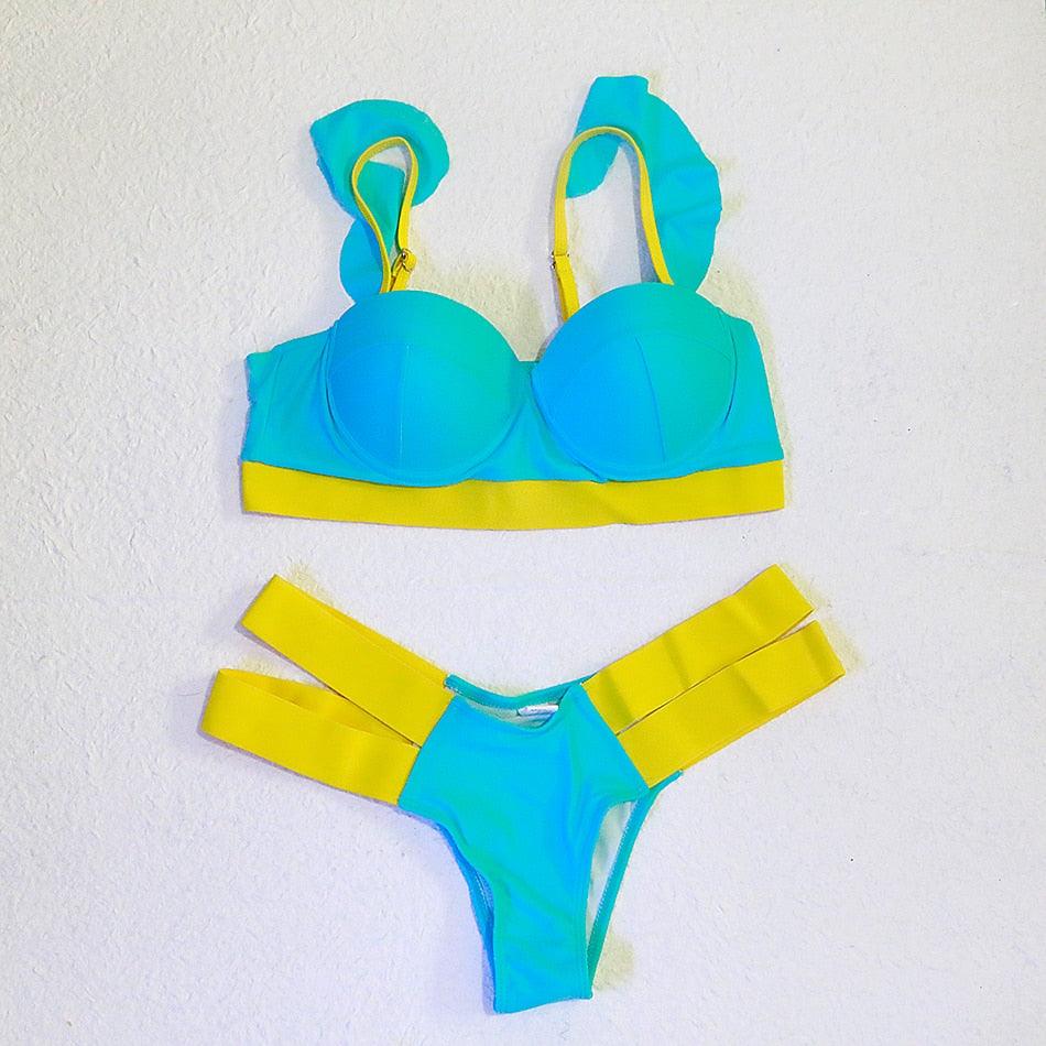 Neon Colorblock Cage Strap Bikini Set