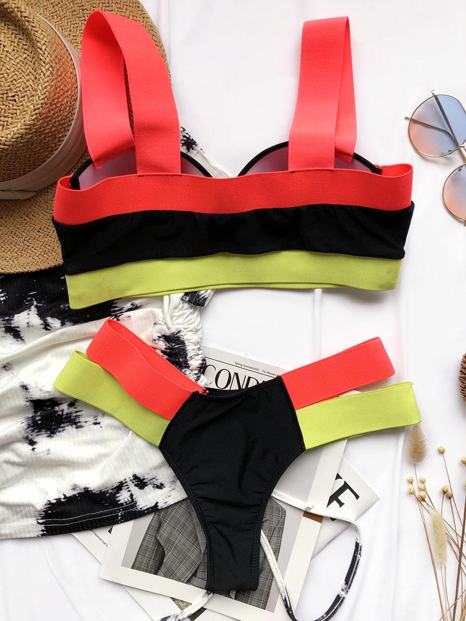 Neon Colorblock Cage Strap Bikini Set