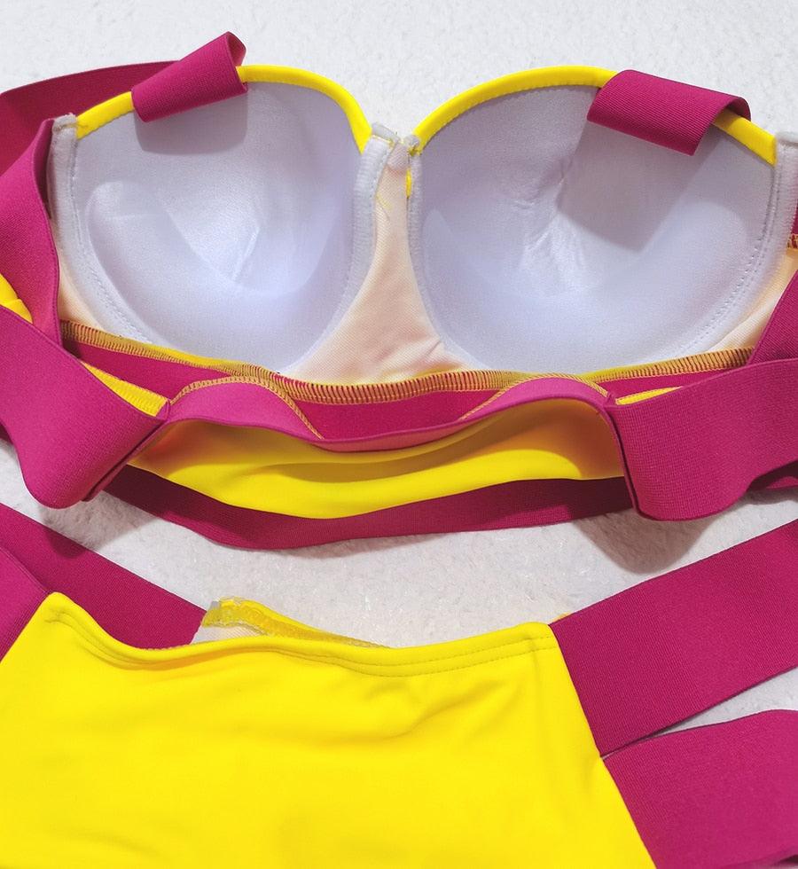 Neon Colorblock Cage Strap Bikini Set