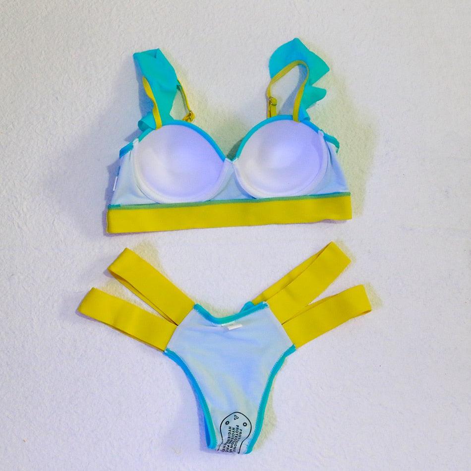 Neon Colorblock Cage Strap Bikini Set