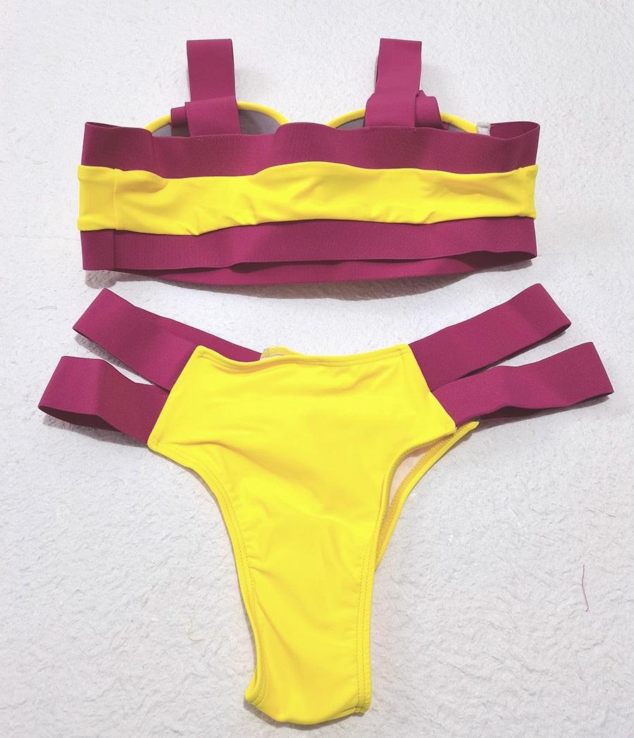 Neon Colorblock Cage Strap Bikini Set