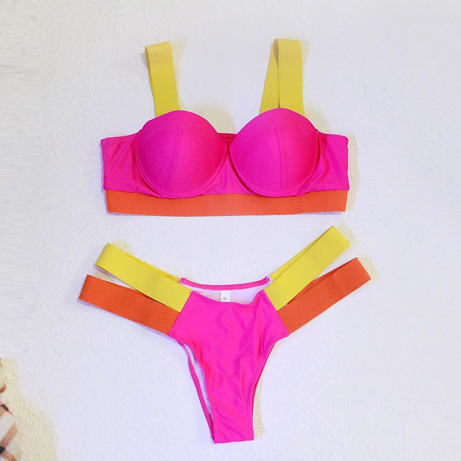 Neon Colorblock Cage Strap Bikini Set