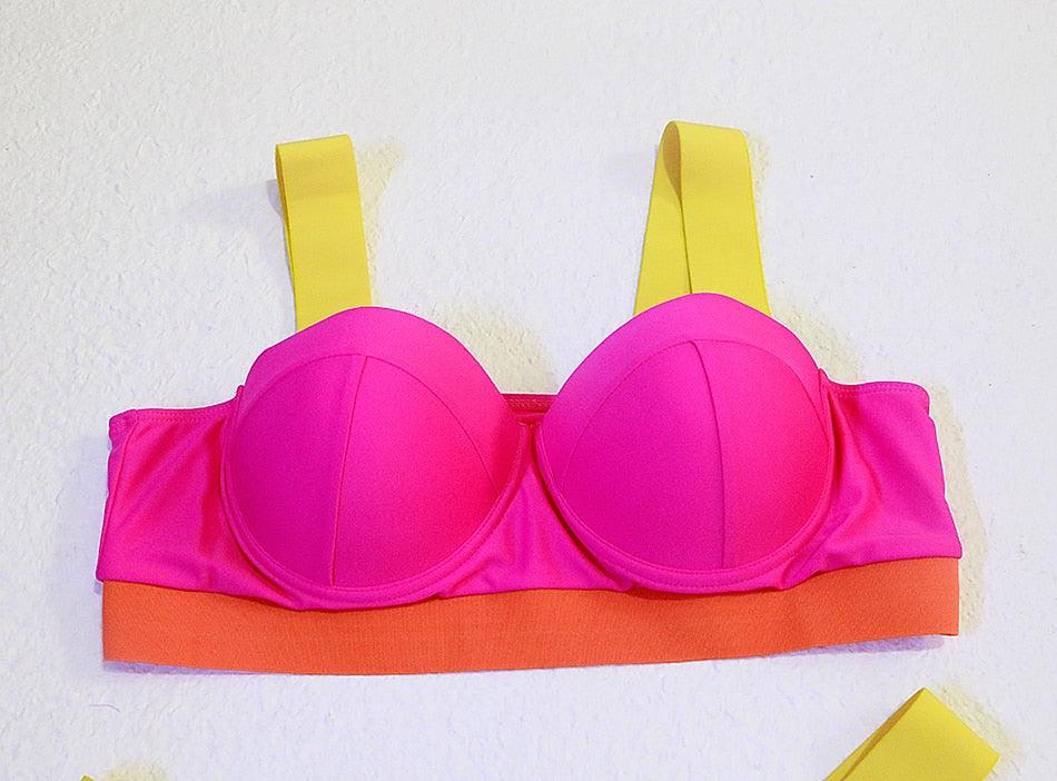 Neon Colorblock Cage Strap Bikini Set