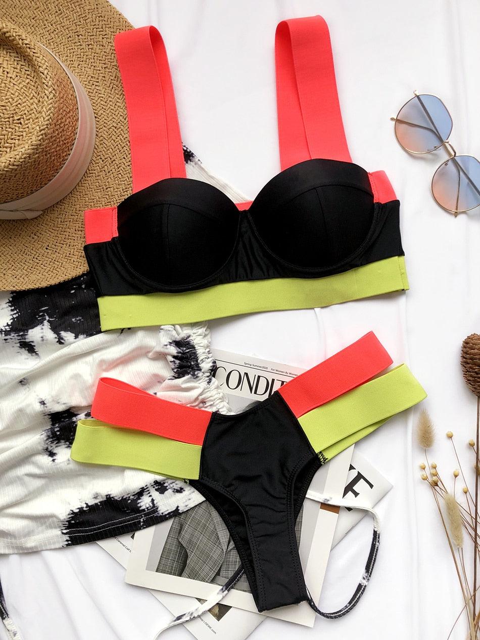Neon Colorblock Cage Strap Bikini Set