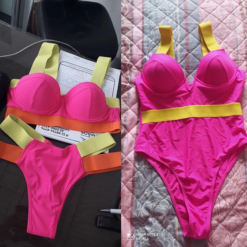 Neon Colorblock Cage Strap Bikini Set