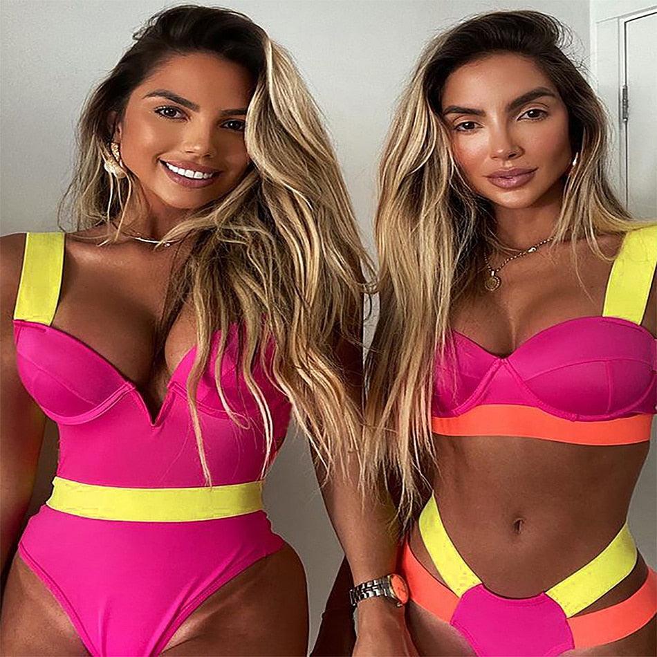 Neon Colorblock Cage Strap Bikini Set
