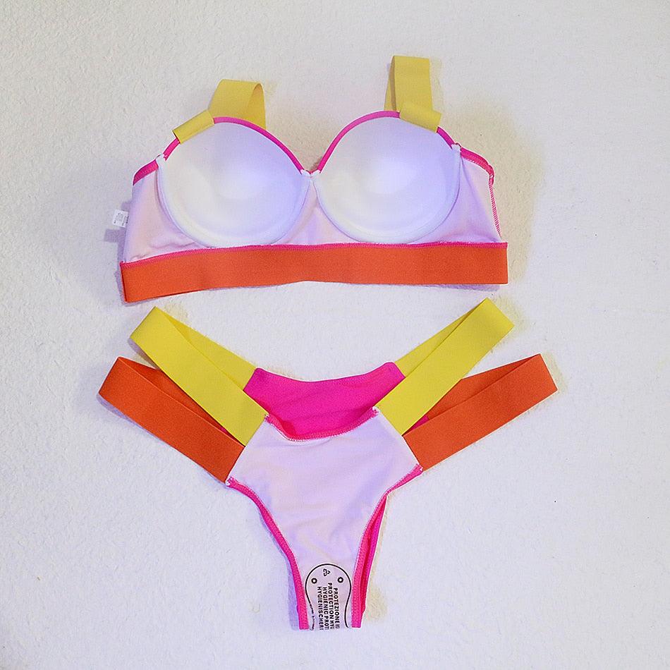 Neon Colorblock Cage Strap Bikini Set