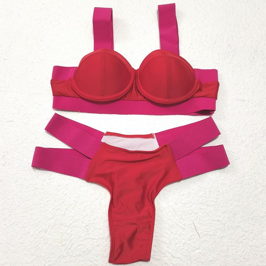 Neon Colorblock Cage Strap Bikini Set