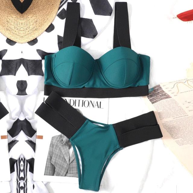 Neon Colorblock Cage Strap Bikini Set