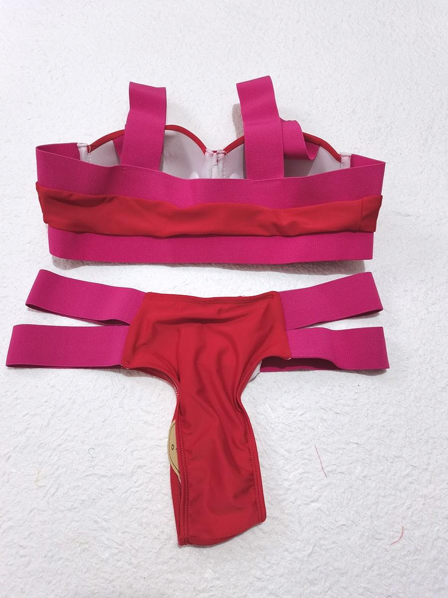 Neon Colorblock Cage Strap Bikini Set