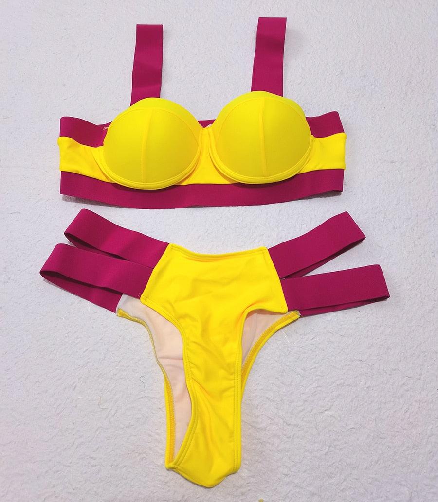Neon Colorblock Cage Strap Bikini Set