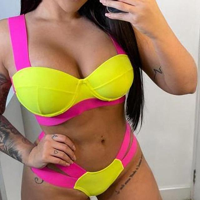 Neon Colorblock Cage Strap Bikini Set