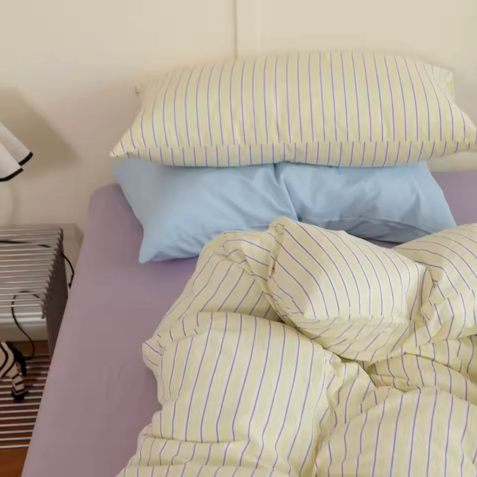 Pastel Yellow & Lilac Striped Bedding Set